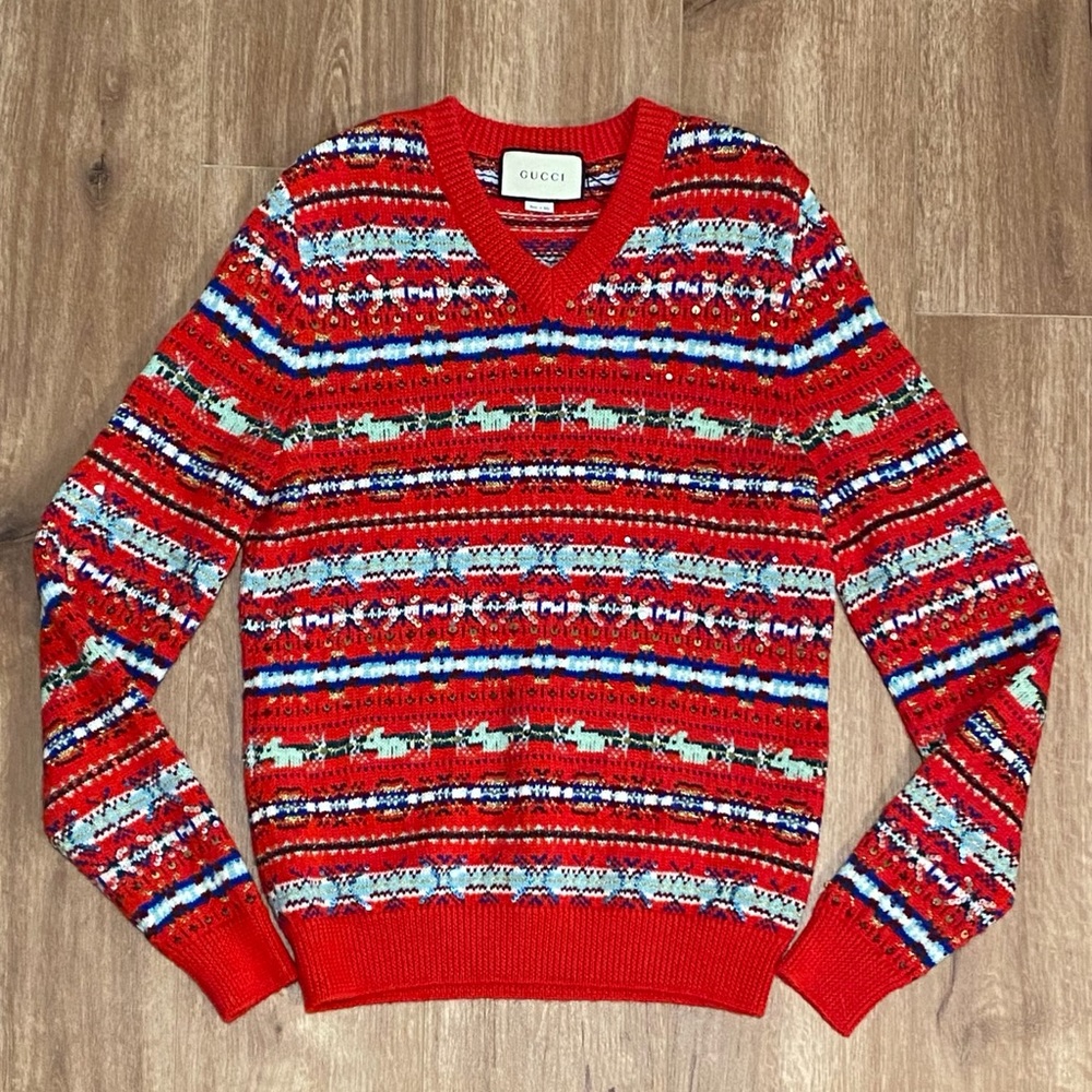 Gucci GG Fair Isle Jacquard VNeck Wool Sweater S